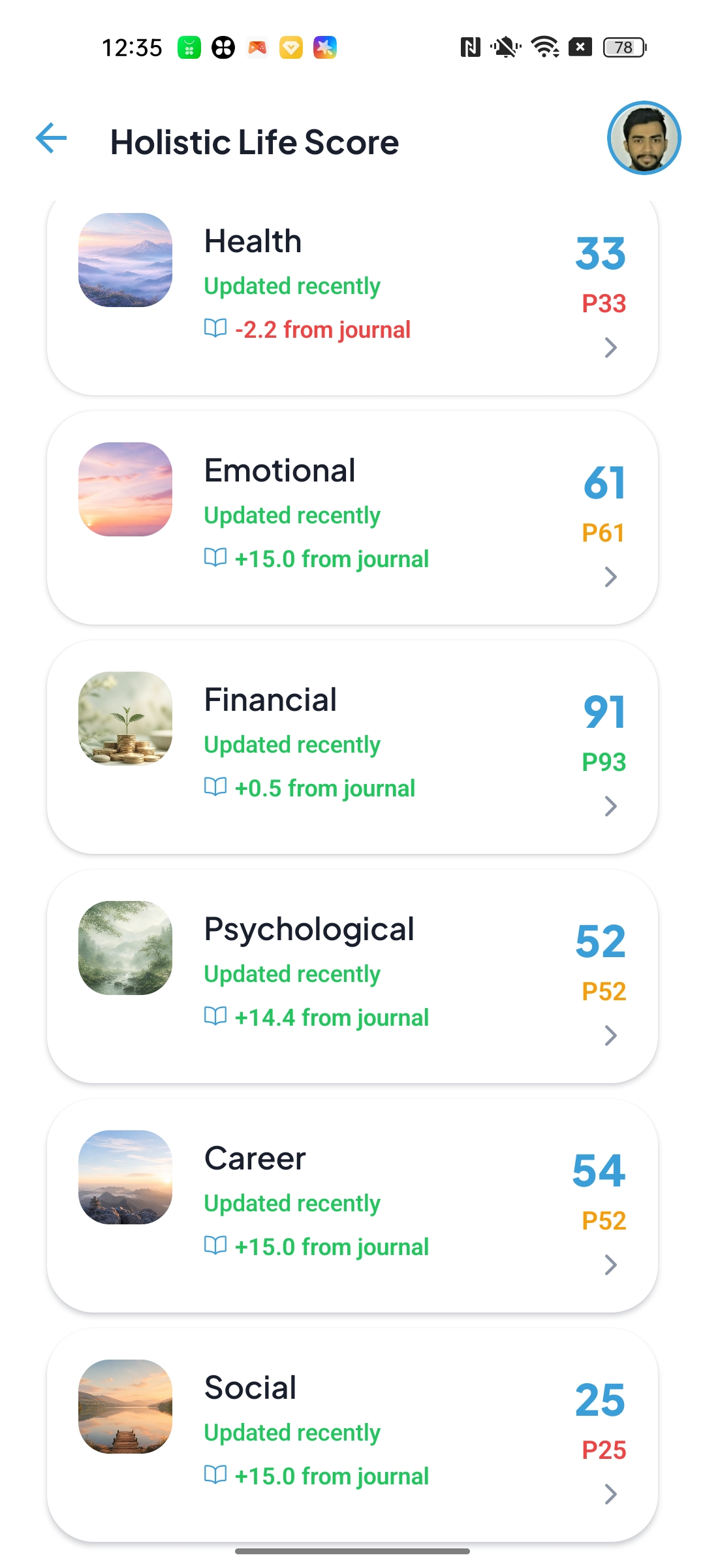 Six life pillars with scores
